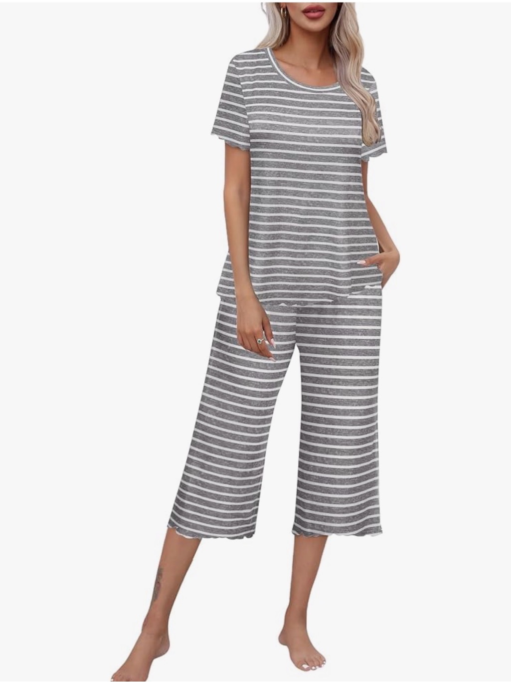Ekouaer Gray And White Striped Pajama Set Size Xl